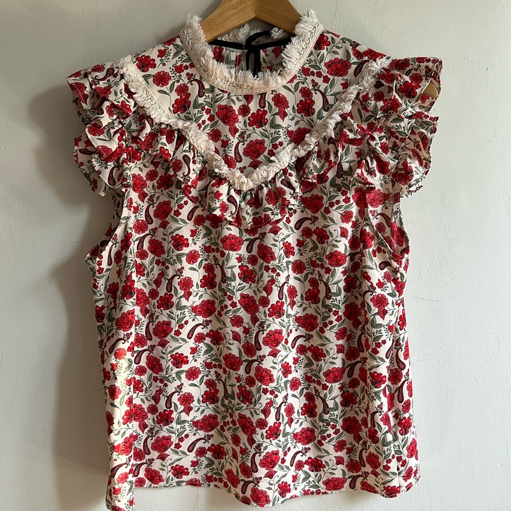 Topshop Red Floral Ruffle Blouse